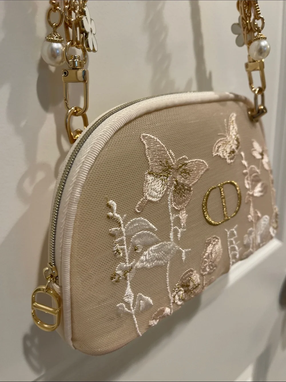 Dior Cream Embroidered Cosmetics Bag with Gold CD Charm and Floral Accents